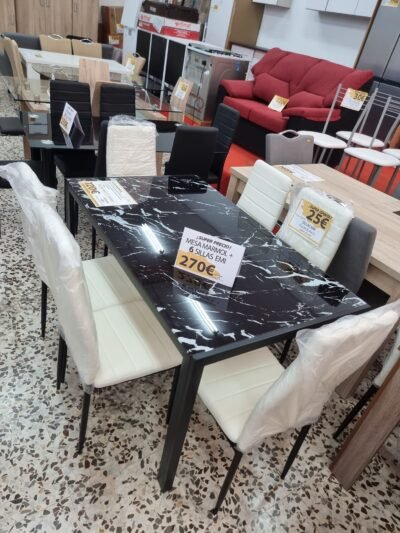 Conjunto Mesa Mármol + 6 sillas Blancas/Negras