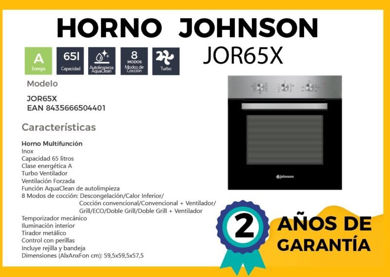 Horno 65L JOHNSON JOR65X multifunción aquaclean - Imagen 5